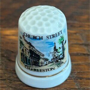 Vintage Souvenir Porcelain Thimble Featuring Church Street Charleston S.C. Desig